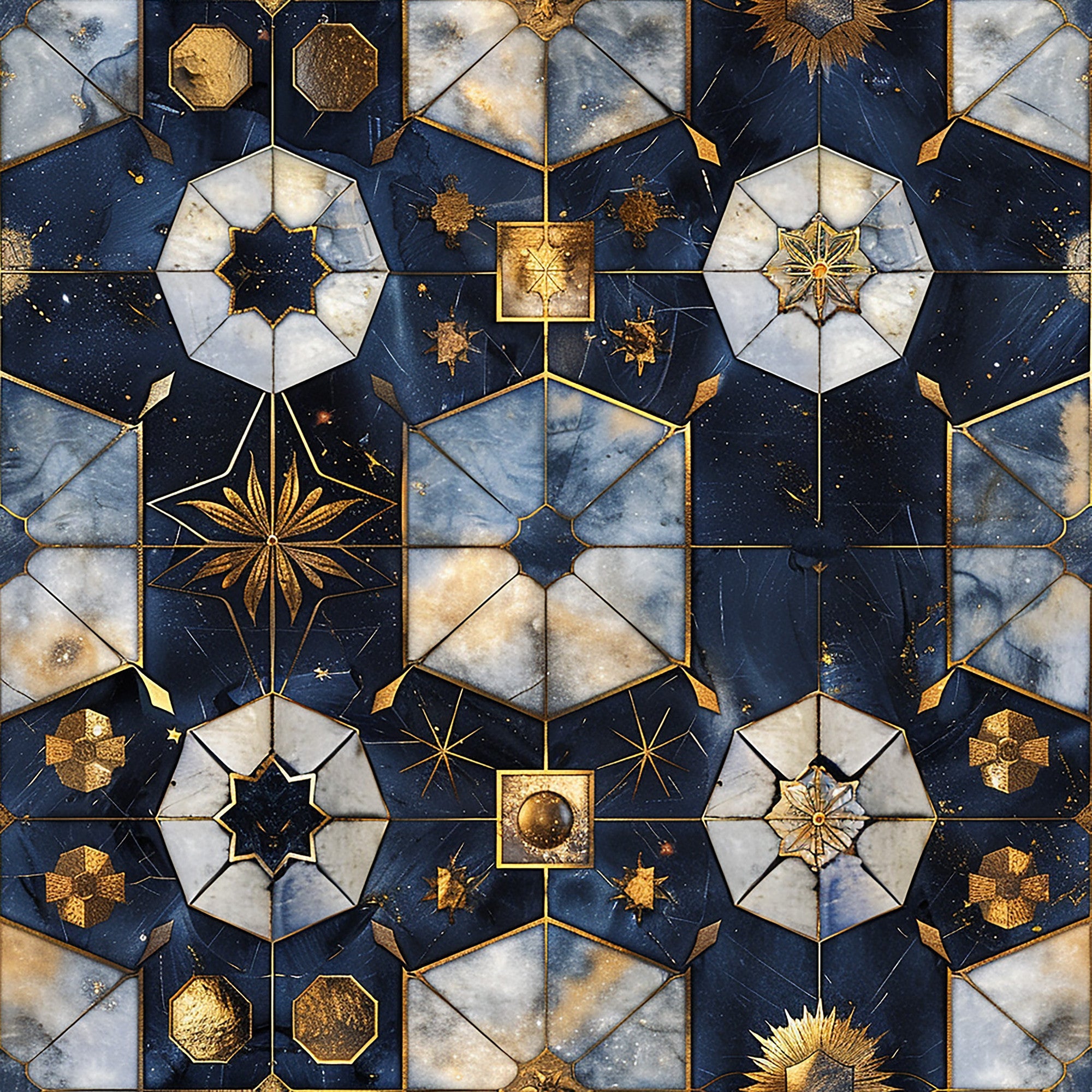 navy blue, gold accents, celestial motifs, geometric patterns, star designs, octagonal shapes, marble texture, baroque style,, fabric panel, ornate details, metallic gold, white marble, hexagonal tiles, decorative elements, cosmic theme, intricate geometry, luxury aesthetic, celestial bodies, ornamental design