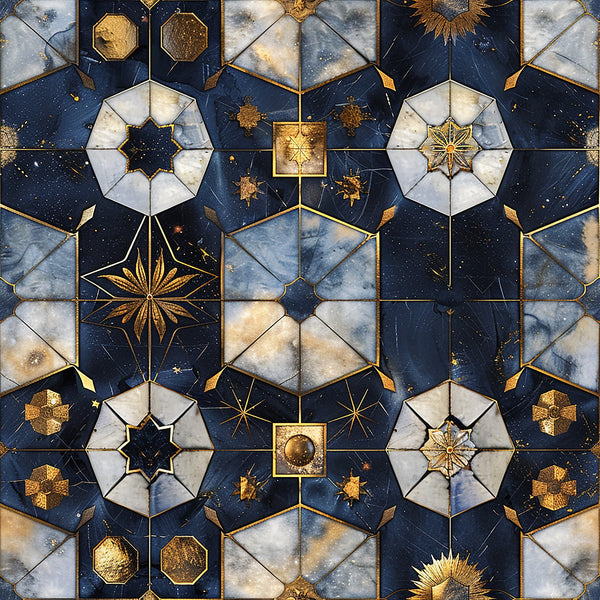 navy blue, gold accents, celestial motifs, geometric patterns, star designs, octagonal shapes, marble texture, baroque style,, fabric panel, ornate details, metallic gold, white marble, hexagonal tiles, decorative elements, cosmic theme, intricate geometry, luxury aesthetic, celestial bodies, ornamental design