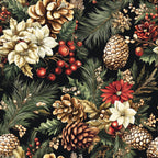 christmas pinecones, winter botanicals, forest green, deep red, cream white, golden brown, pine needles, red berries, winter flowers, poinsettia blooms, natural elements, seasonal pattern,, fabric panel, holiday motifs, woodland design, winter wreath elements, festive colors, botanical illustration, christmas florals