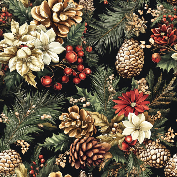 christmas pinecones, winter botanicals, forest green, deep red, cream white, golden brown, pine needles, red berries, winter flowers, poinsettia blooms, natural elements, seasonal pattern,, fabric panel, holiday motifs, woodland design, winter wreath elements, festive colors, botanical illustration, christmas florals
