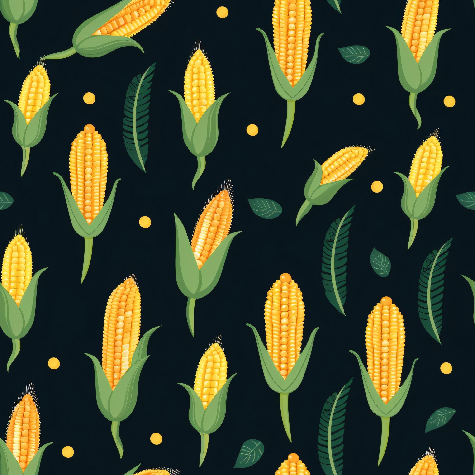 sweet corn, corn cobs, yellow kernels, golden yellow, bright orange, deep green, dark navy, black background, vegetable pattern, farm produce, corn husks, green leaves, harvest theme, food illustration, botanical design, repeating pattern,, fabric panel, agricultural motif, summer vegetables