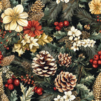 christmas fabric, pinecones, evergreen branches, red berries, cream flowers, burgundy blooms, forest green, golden yellow, botanical pattern, winter florals, holiday quilting, cotton fabric, seamless repeat, nature motifs, festive design,, seasonal fabric, pine needles, holly leaves, warm earth tones