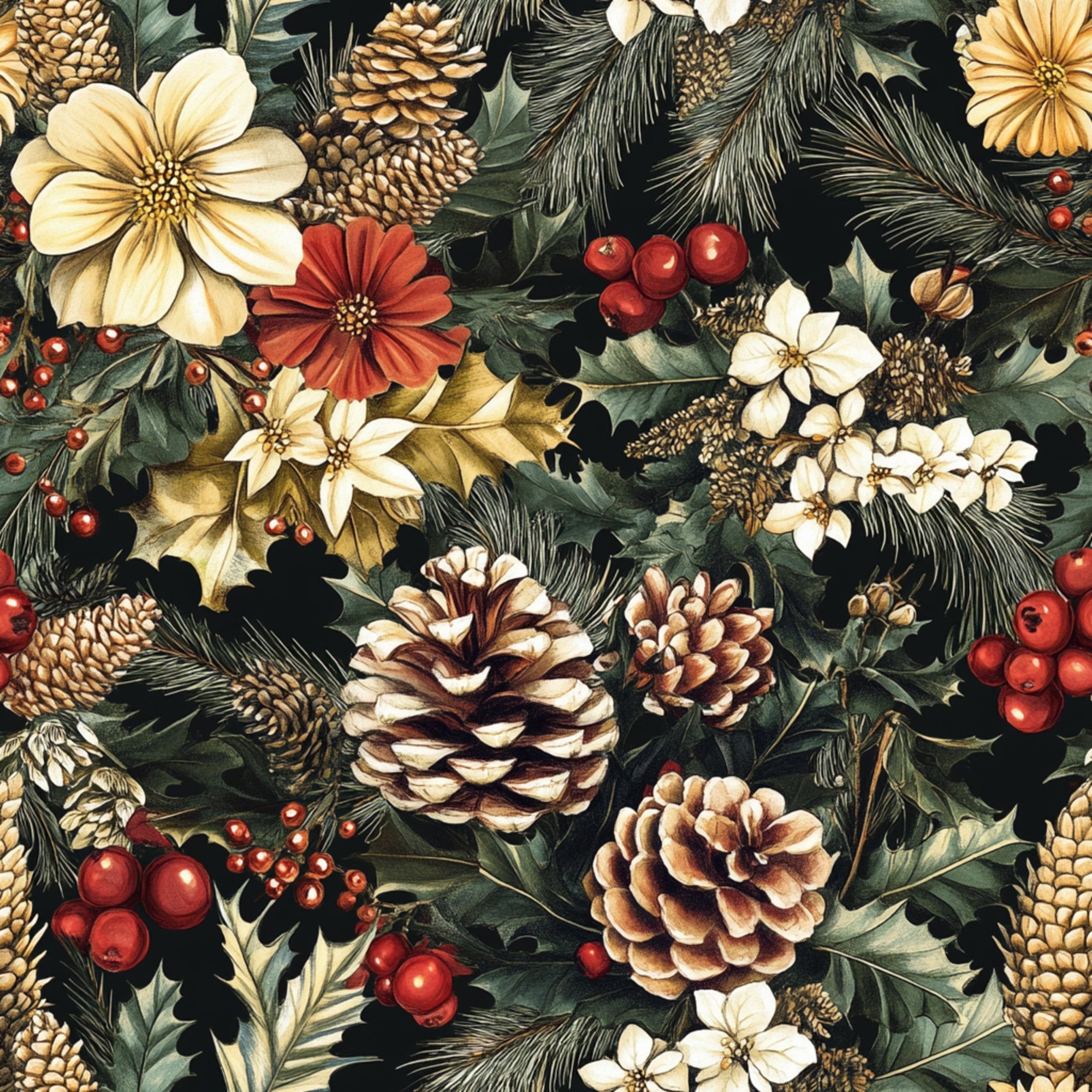 christmas fabric, pinecones, evergreen branches, red berries, cream flowers, burgundy blooms, forest green, golden yellow, botanical pattern, winter florals, holiday quilting, cotton fabric, seamless repeat, nature motifs, festive design,, seasonal fabric, pine needles, holly leaves, warm earth tones