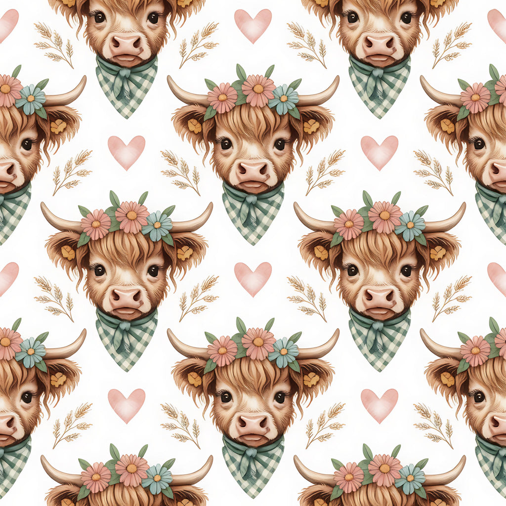 highland cow, brown, cream, pink hearts, green gingham, floral crown, bandana, wheat stalks, pastel colors, repeating pattern, farm animals, cute illustration, watercolor style,, fabric panel, country theme, rustic charm, soft pastels, bovine heads, cottage core