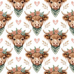 highland cow, brown, cream, pink hearts, green gingham, floral crown, bandana, wheat stalks, pastel colors, repeating pattern, farm animals, cute illustration, watercolor style,, fabric panel, country theme, rustic charm, soft pastels, bovine heads, cottage core