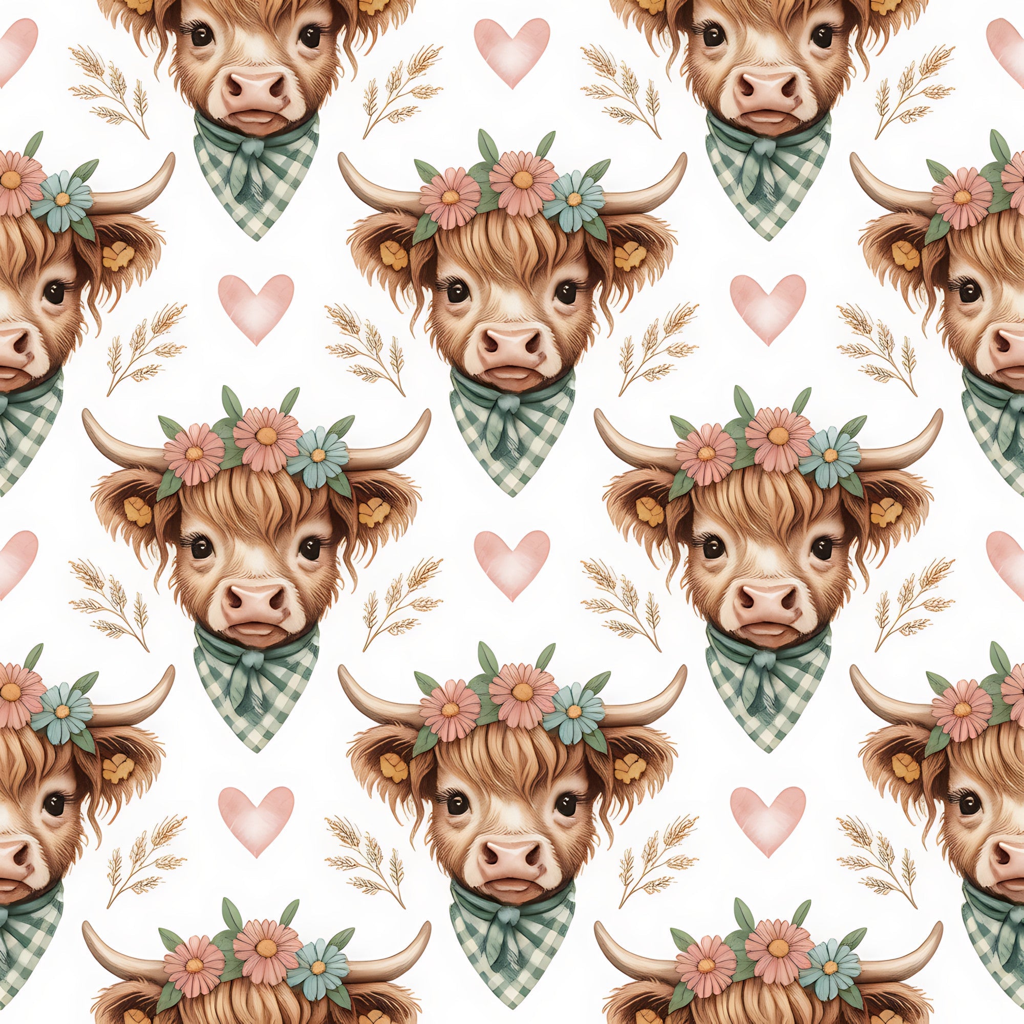 highland cow, brown, cream, pink hearts, green gingham, floral crown, bandana, wheat stalks, pastel colors, repeating pattern, farm animals, cute illustration, watercolor style,, fabric panel, country theme, rustic charm, soft pastels, bovine heads, cottage core