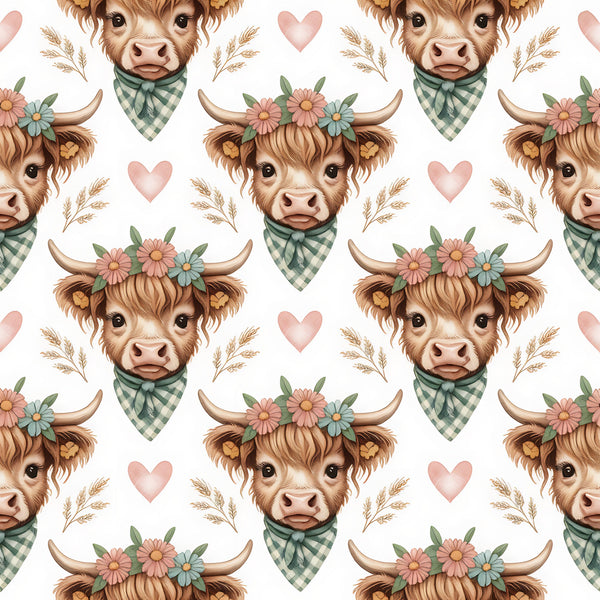 highland cow, brown, cream, pink hearts, green gingham, floral crown, bandana, wheat stalks, pastel colors, repeating pattern, farm animals, cute illustration, watercolor style,, fabric panel, country theme, rustic charm, soft pastels, bovine heads, cottage core