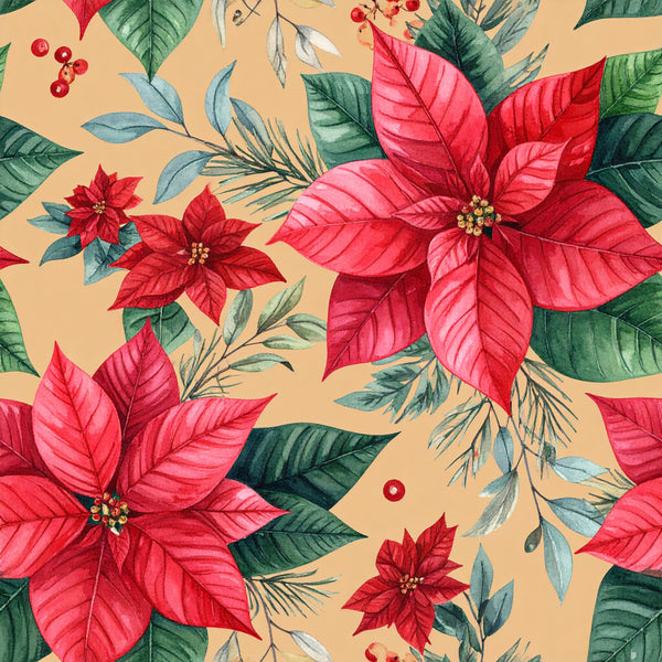 crimson red, coral pink, forest green, sage green, slate blue, cream background, floral pattern, poinsettia, holiday, christmas, festive, nature, botanical, elegant, traditional, winter, red flowers, green leaves, berries, nature-inspired, seasonal, decorative, classic holiday, vintage botanical, romantic, timeless, home decor