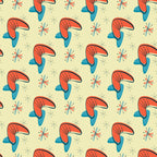 coral orange, teal blue, cream background, atomic starburst, mid-century modern, boomerang shapes, geometric pattern, retro design, 1950s style, space age motif,, fabric panel, modernist aesthetic, atomic era, starburst elements, vintage inspired, angular shapes, repeating pattern, cotton fabric