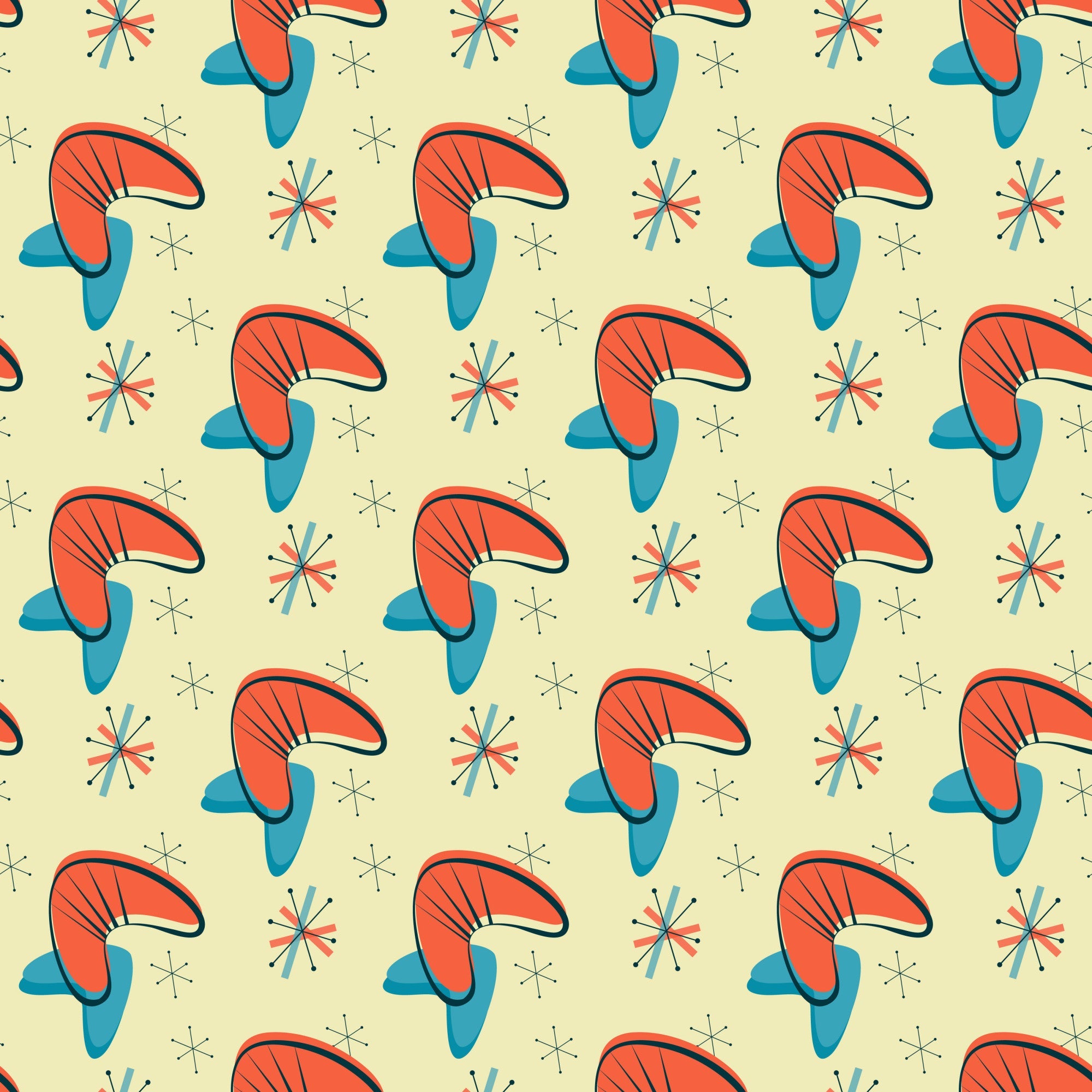 coral orange, teal blue, cream background, atomic starburst, mid-century modern, boomerang shapes, geometric pattern, retro design, 1950s style, space age motif,, fabric panel, modernist aesthetic, atomic era, starburst elements, vintage inspired, angular shapes, repeating pattern, cotton fabric