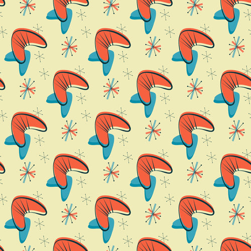 coral orange, teal blue, cream background, atomic starburst, mid-century modern, boomerang shapes, geometric pattern, retro design, 1950s style, space age motif, quilting cotton, fabric panel, modernist aesthetic, atomic era, starburst elements, vintage inspired, angular shapes, repeating pattern, cotton fabric