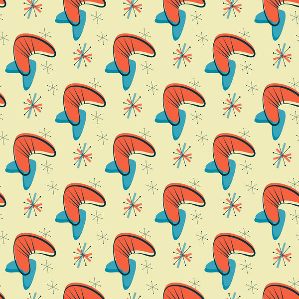 coral orange, teal blue, cream background, atomic starburst, mid-century modern, boomerang shapes, geometric pattern, retro design, 1950s style, space age motif, quilting cotton, fabric panel, modernist aesthetic, atomic era, starburst elements, vintage inspired, angular shapes, repeating pattern, cotton fabric