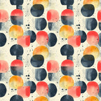 mid century modern, geometric shapes, coral red, navy blue, orange gradient, cream background, overlapping circles, abstract design, contemporary style,, fabric panel, watercolor effect, speckled texture, retro pattern, modern geometric, artistic circles, coral pink, minimalist design, repeated motifs, craft fabric