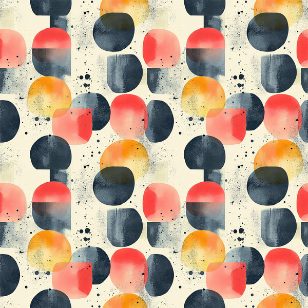 mid century modern, geometric shapes, coral red, navy blue, orange gradient, cream background, overlapping circles, abstract design, contemporary style,, fabric panel, watercolor effect, speckled texture, retro pattern, modern geometric, artistic circles, coral pink, minimalist design, repeated motifs, craft fabric