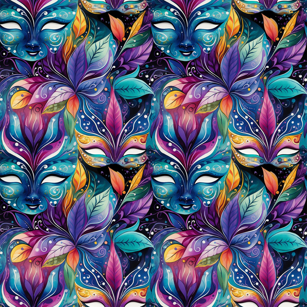 mardi gras masks, vibrant purple, teal blue, magenta pink, orange accents, yellow highlights, decorative feathers, ornate swirls, carnival theme, festive pattern,, fabric panel, intricate details, colorful leaves, masquerade design, repeating motif, rich jewel tones, elaborate decoration, party atmosphere