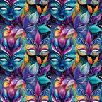 mardi gras masks, vibrant purple, teal blue, magenta pink, orange accents, yellow highlights, decorative feathers, ornate swirls, carnival theme, festive pattern,, fabric panel, intricate details, colorful leaves, masquerade design, repeating motif, rich jewel tones, elaborate decoration, party atmosphere