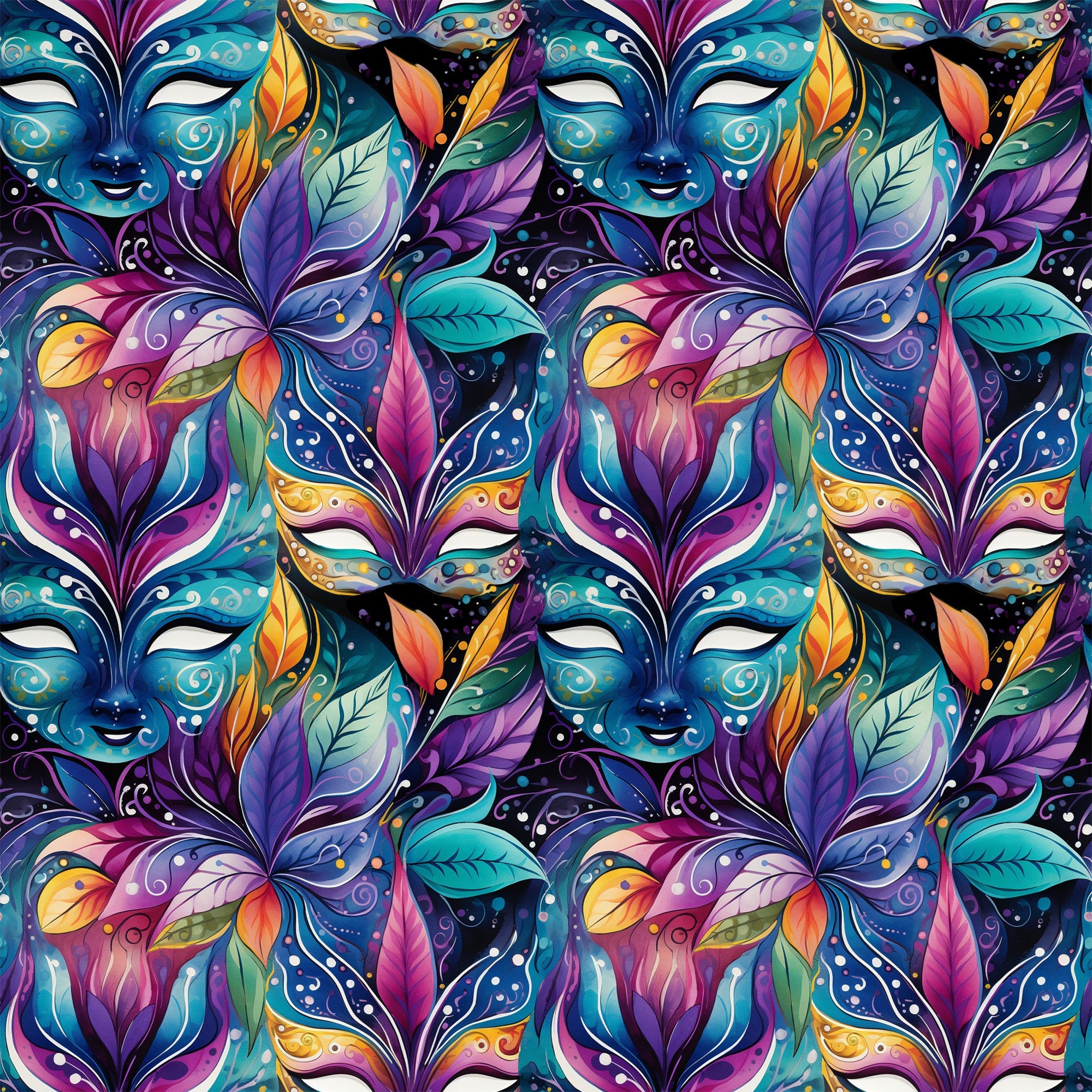 mardi gras masks, vibrant purple, teal blue, magenta pink, orange accents, yellow highlights, decorative feathers, ornate swirls, carnival theme, festive pattern,, fabric panel, intricate details, colorful leaves, masquerade design, repeating motif, rich jewel tones, elaborate decoration, party atmosphere