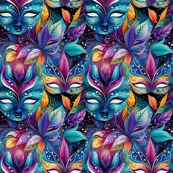 mardi gras masks, vibrant purple, teal blue, magenta pink, orange accents, yellow highlights, decorative feathers, ornate swirls, carnival theme, festive pattern,, fabric panel, intricate details, colorful leaves, masquerade design, repeating motif, rich jewel tones, elaborate decoration, party atmosphere