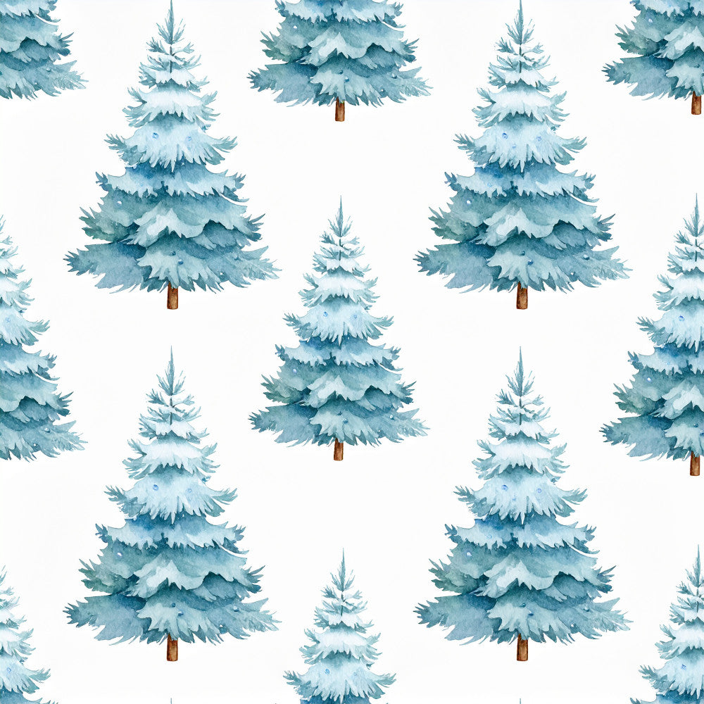 winter evergreen, snow-covered trees, frosted pine, icy blue, powder blue, teal, forest green, winter trees, snowy forest, holiday, christmas, seasonal, nature, woodland, coniferous trees, tiered branches, layered design, whimsical, rustic, cozy, winter wonderland, nursery, kids room, playroom, children's decor, soft watercolor, painted effect