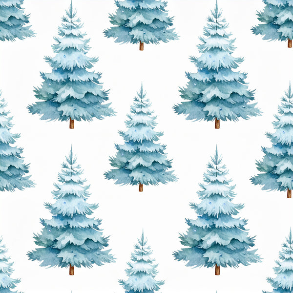 winter evergreen, snow-covered trees, frosted pine, icy blue, powder blue, teal, forest green, winter trees, snowy forest, holiday, christmas, seasonal, nature, woodland, coniferous trees, tiered branches, layered design, whimsical, rustic, cozy, winter wonderland, nursery, kids room, playroom, children's decor, soft watercolor, painted effect