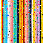 colorful stripes, polka dots, vertical stripes, geometric pattern, rainbow colors, yellow, blue, red, pink, teal, orange, green, purple, white, black, bright colors, modern design, abstract pattern,, fabric panel, cheerful, playful design, multicolored