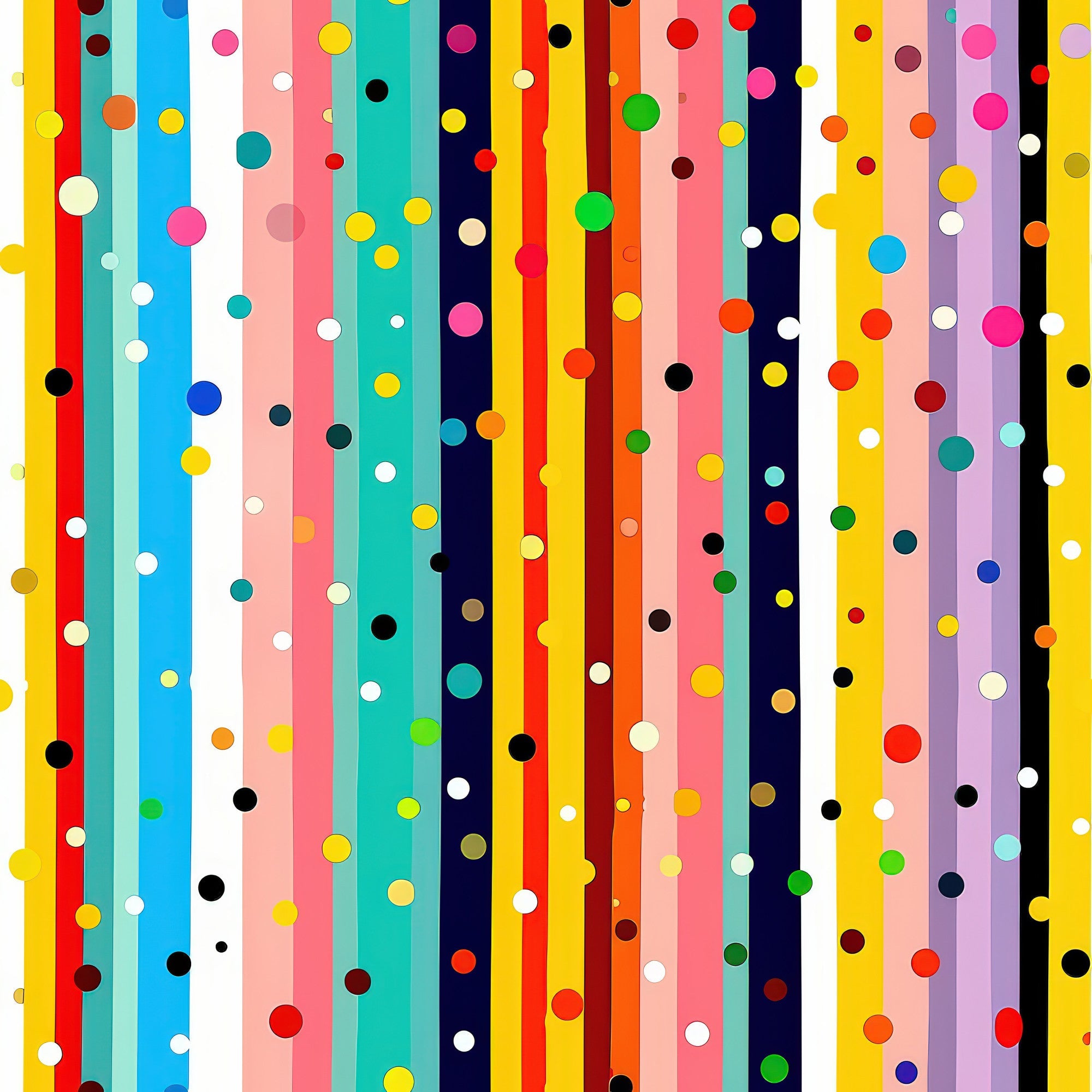 colorful stripes, polka dots, vertical stripes, geometric pattern, rainbow colors, yellow, blue, red, pink, teal, orange, green, purple, white, black, bright colors, modern design, abstract pattern, quilting cotton, fabric panel, cheerful, playful design, multicolored