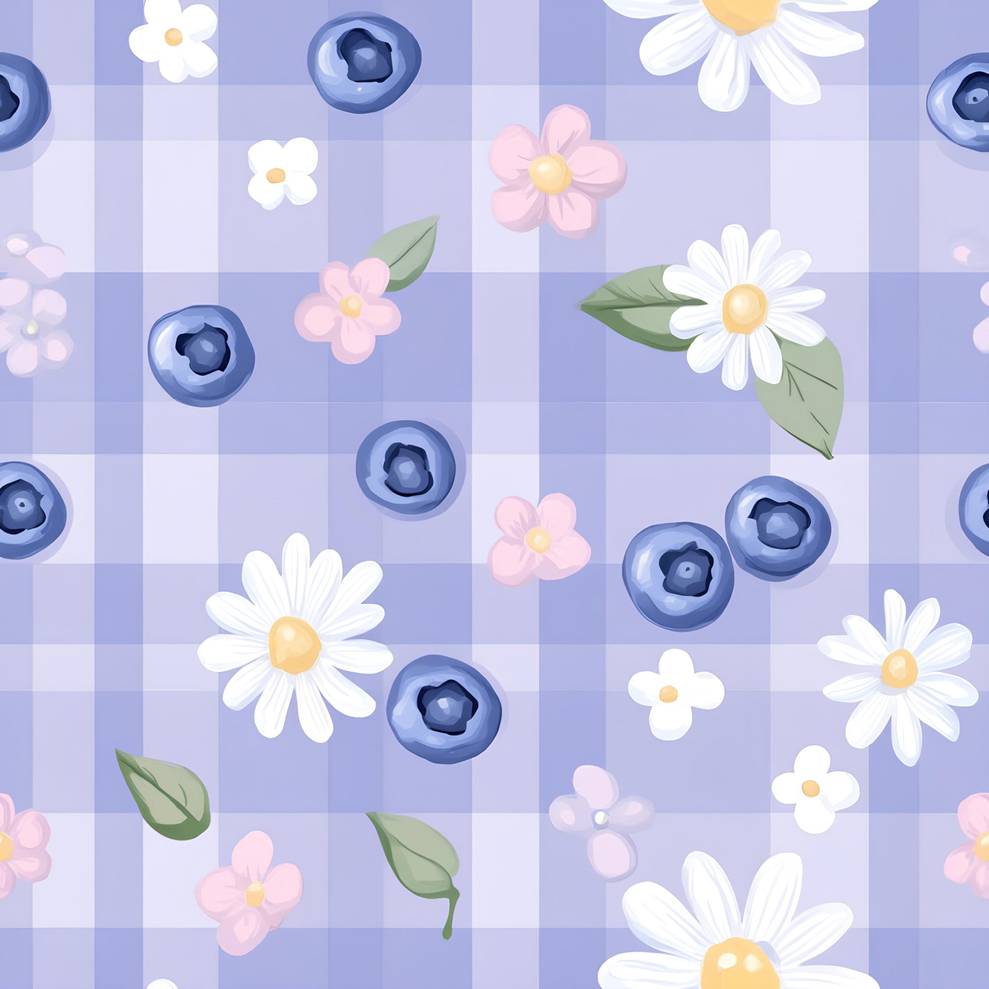 lavender purple, soft pink, white daisies, blueberries, gingham checkered, floral pattern,, fabric panel, pastel colors, spring flowers, berry motifs, cottage core, feminine design, green leaves, delicate blooms, checked background, botanical elements, crafting material, sewing fabric, gentle aesthetic