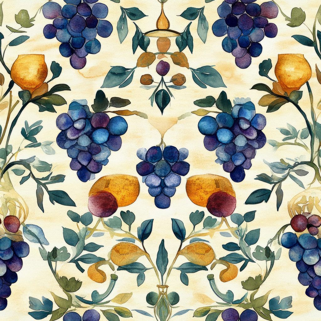 purple grapes, golden oranges, watercolor style, botanical pattern, vineyard theme, fruit motifs, teal leaves, wine grapes, harvest scene,, fabric panel, symmetrical design, vintage illustration, deep blues, warm oranges, burgundy accents, decorative vines, mediterranean style, artistic florals, nature inspired