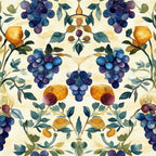 purple grapes, golden oranges, watercolor style, botanical pattern, vineyard theme, fruit motifs, teal leaves, wine grapes, harvest scene,, fabric panel, symmetrical design, vintage illustration, deep blues, warm oranges, burgundy accents, decorative vines, mediterranean style, artistic florals, nature inspired