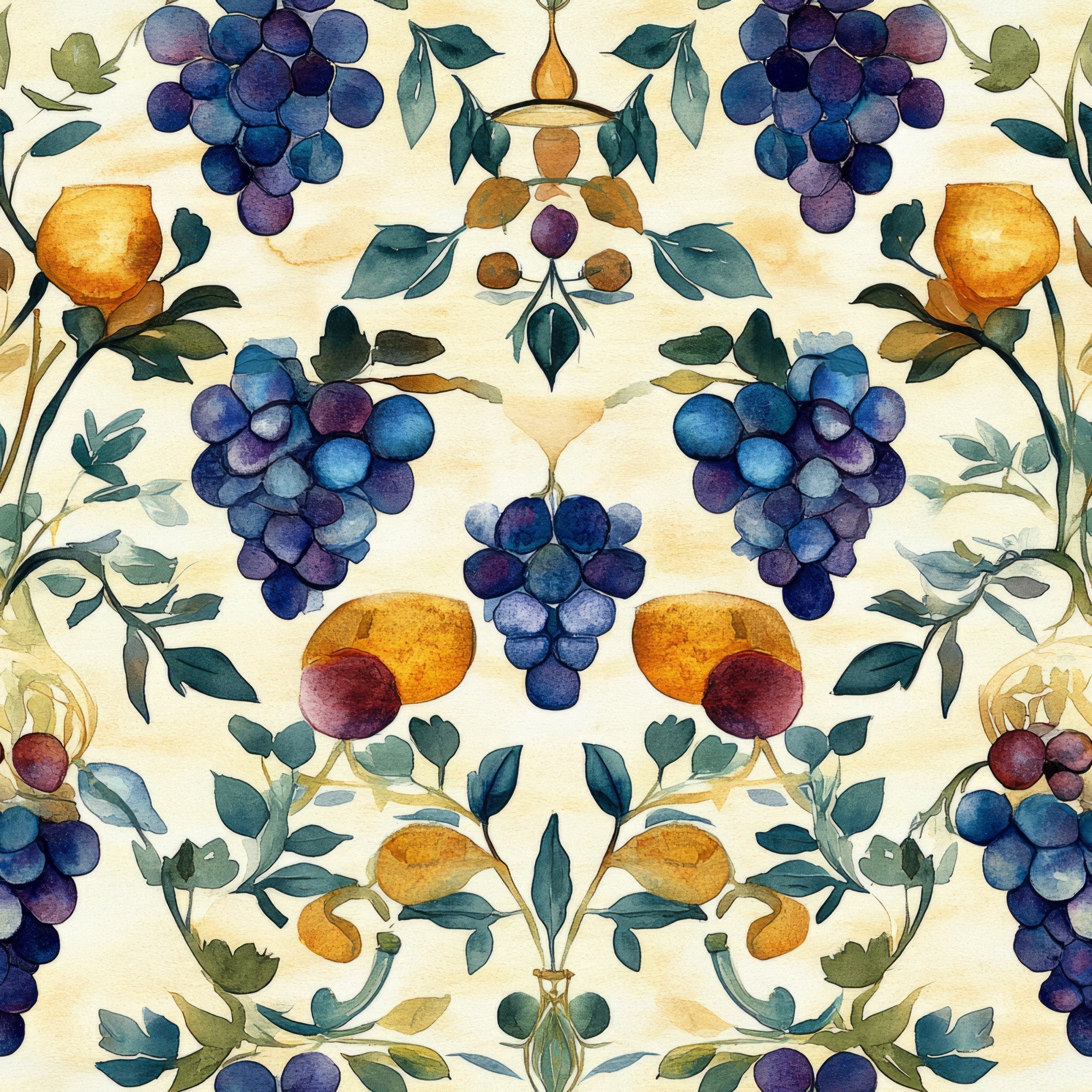 purple grapes, golden oranges, watercolor style, botanical pattern, vineyard theme, fruit motifs, teal leaves, wine grapes, harvest scene,, fabric panel, symmetrical design, vintage illustration, deep blues, warm oranges, burgundy accents, decorative vines, mediterranean style, artistic florals, nature inspired