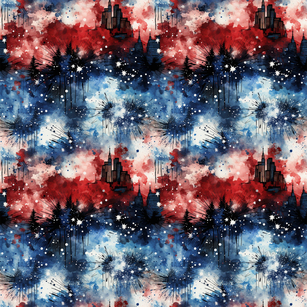 red, white, blue, patriotic, grunge, watercolor, splatter, paint drips, cityscape, skyscrapers, fireworks, stars, evergreen trees, silhouettes, distressed, abstract, cotton fabric, quilting panel, fourth of july, americana
