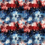red, white, blue, patriotic, grunge, watercolor, splatter, paint drips, cityscape, skyscrapers, fireworks, stars, evergreen trees, silhouettes, distressed, abstract, cotton fabric, quilting panel, fourth of july, americana