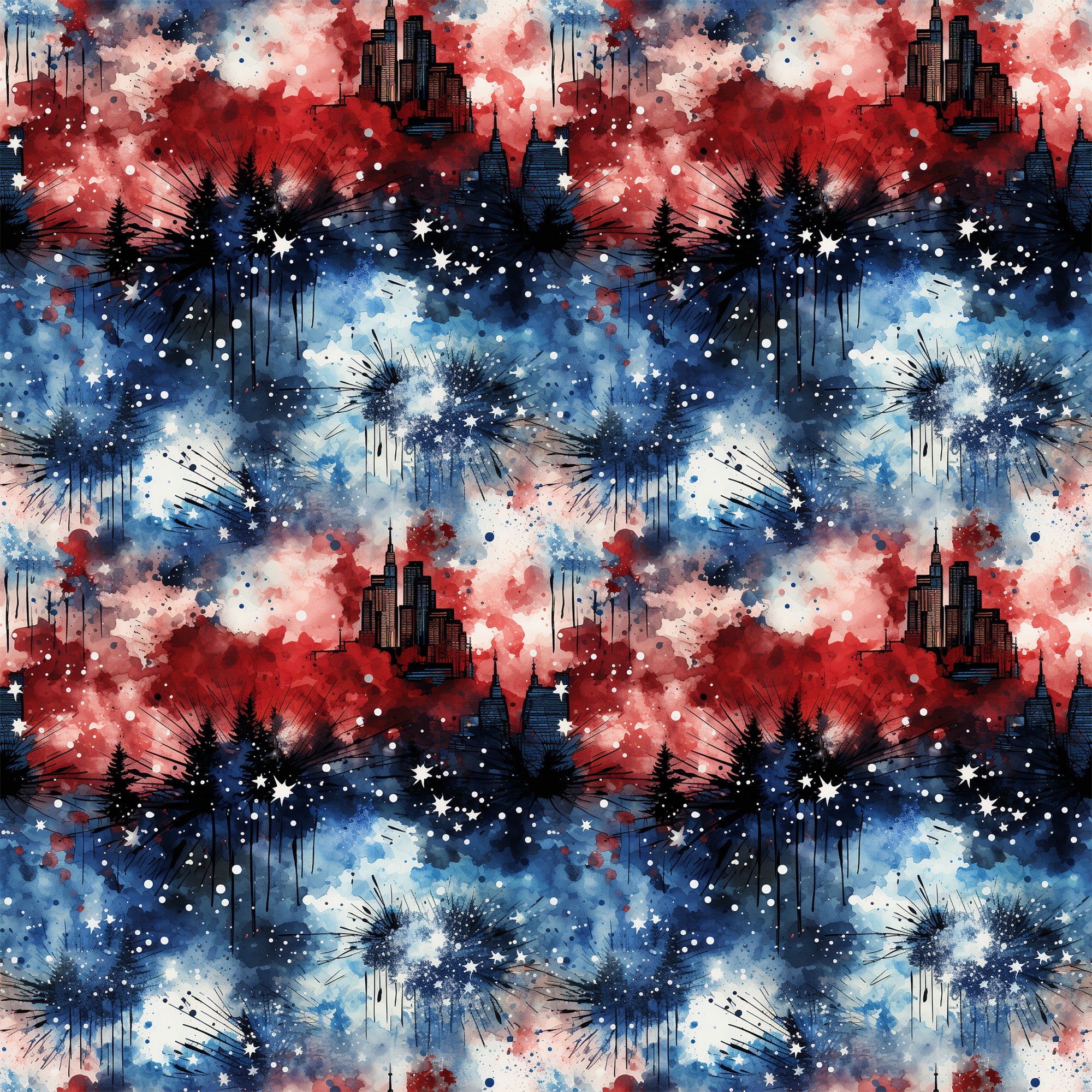 red, white, blue, patriotic, grunge, watercolor, splatter, paint drips, cityscape, skyscrapers, fireworks, stars, evergreen trees, silhouettes, distressed, abstract, cotton fabric, quilting panel, fourth of july, americana