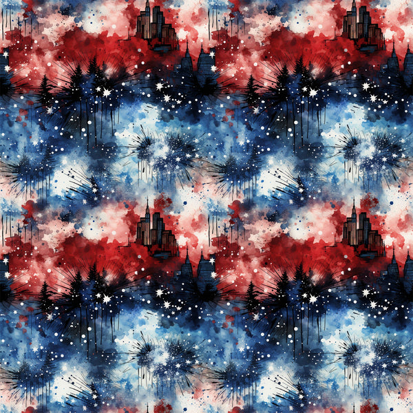 red, white, blue, patriotic, grunge, watercolor, splatter, paint drips, cityscape, skyscrapers, fireworks, stars, evergreen trees, silhouettes, distressed, abstract, cotton fabric, quilting panel, fourth of july, americana