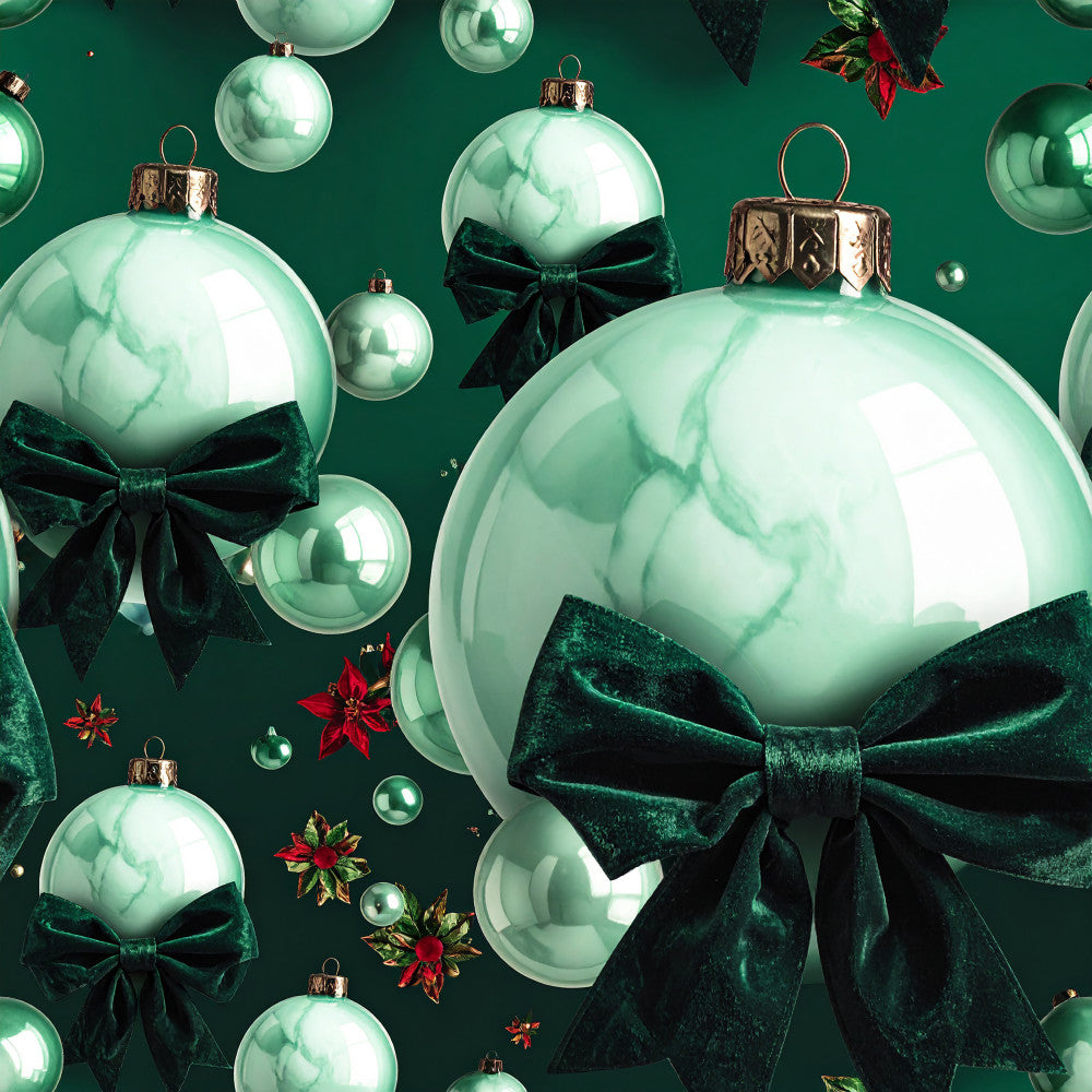 sage green, mint green, emerald green, marble pattern, metallic gold, velvet bows, christmas, holiday, festive, elegant, luxurious, ornaments, baubles, stars, red accents, gold accents, traditional, sophisticated, winter, seasonal, gift wrap aesthetic, decorative bows, shiny finish, baubles and bows, home decor, upscale holiday, classic christmas, festive elegance