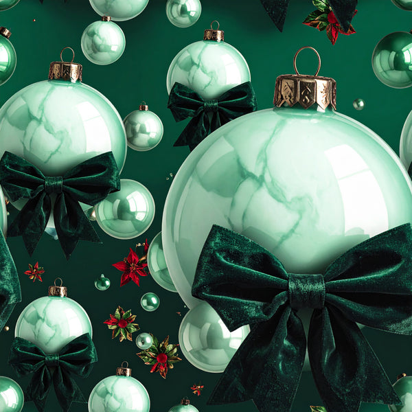 sage green, mint green, emerald green, marble pattern, metallic gold, velvet bows, christmas, holiday, festive, elegant, luxurious, ornaments, baubles, stars, red accents, gold accents, traditional, sophisticated, winter, seasonal, gift wrap aesthetic, decorative bows, shiny finish, baubles and bows, home decor, upscale holiday, classic christmas, festive elegance