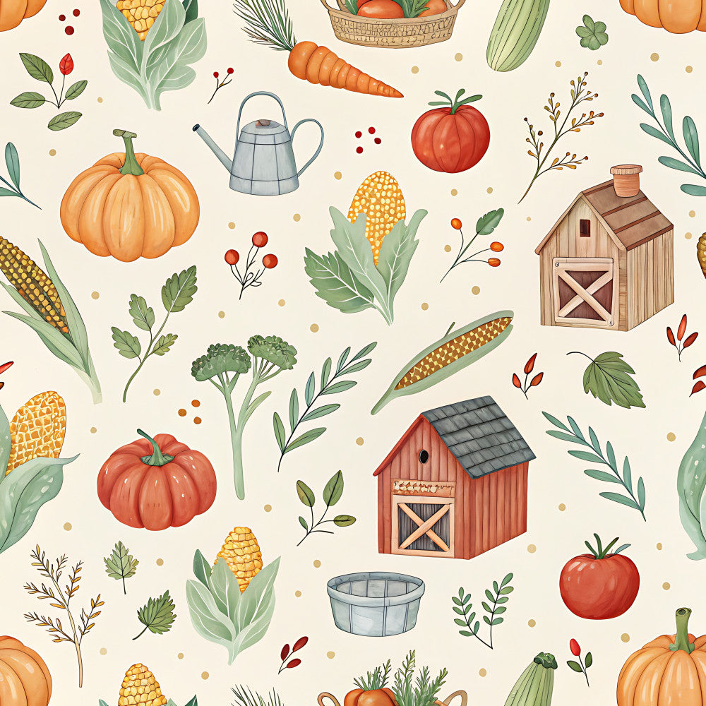 autumn harvest, fall themed, farm animals, farmhouse, garden vegetables, cream background, orange pumpkins, red tomatoes, corn stalks, watering can, barn, rustic, whimsical, nature inspired, vegetable garden, seasonal, harvest time, cottage core, country style, beige, sage green, burnt orange, golden yellow, illustrated, hand drawn, folk art, kids room, playroom, nursery