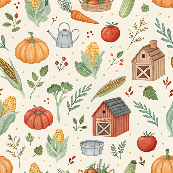 autumn harvest, fall themed, farm animals, farmhouse, garden vegetables, cream background, orange pumpkins, red tomatoes, corn stalks, watering can, barn, rustic, whimsical, nature inspired, vegetable garden, seasonal, harvest time, cottage core, country style, beige, sage green, burnt orange, golden yellow, illustrated, hand drawn, folk art, kids room, playroom, nursery