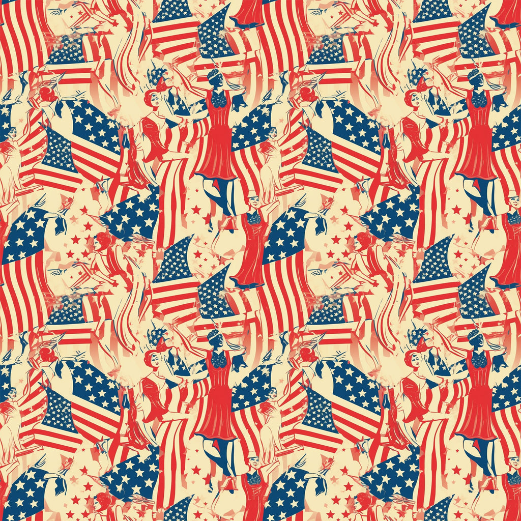 red, white, blue, cream, beige, americana, patriotic, american flags, stars and stripes, vintage style, retro illustrations, people figures, dancing figures, celebratory scenes, repeating pattern,, fabric panel, fourth of july, independence day, nostalgic artwork