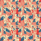 red, white, blue, cream, beige, americana, patriotic, american flags, stars and stripes, vintage style, retro illustrations, people figures, dancing figures, celebratory scenes, repeating pattern,, fabric panel, fourth of july, independence day, nostalgic artwork