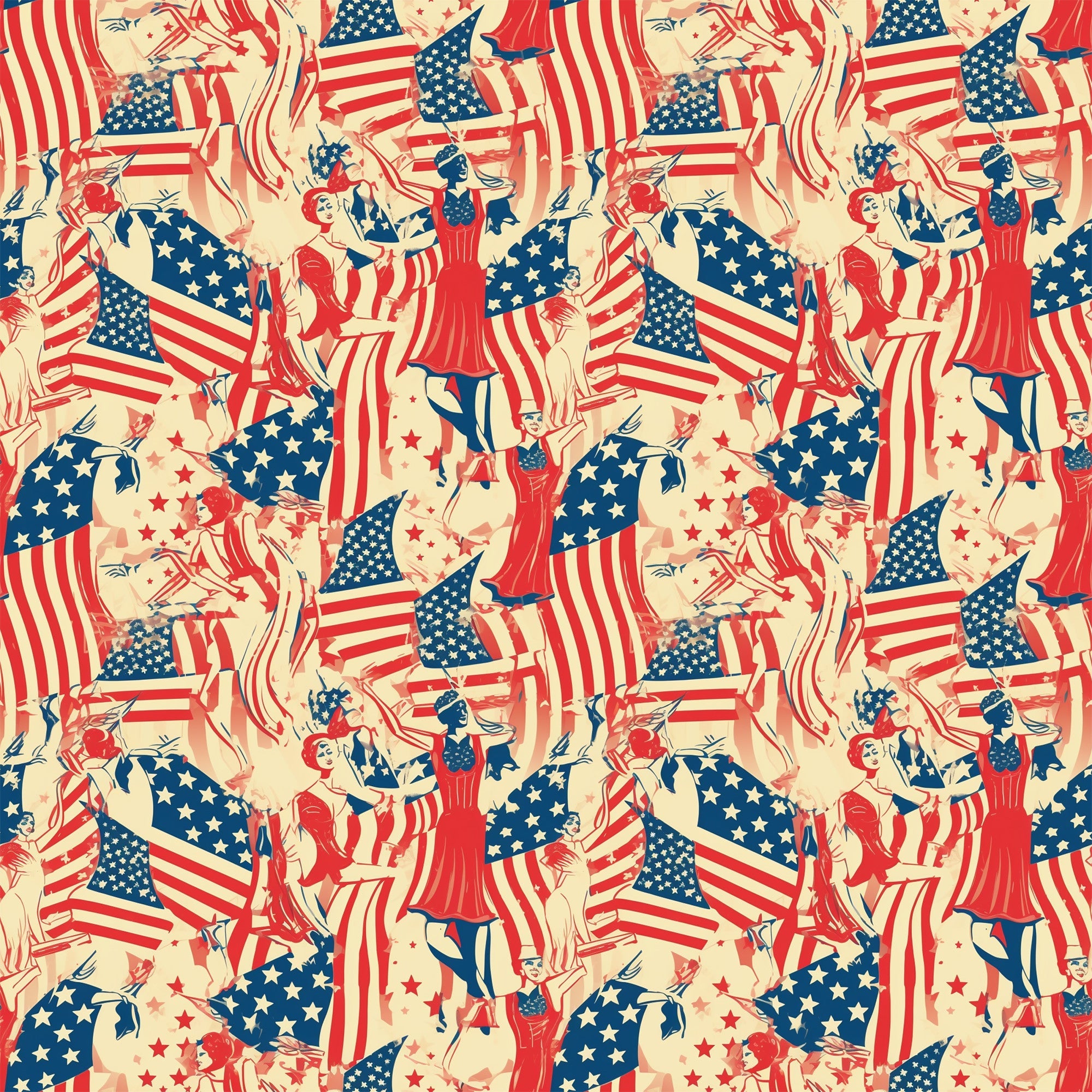 red, white, blue, cream, beige, americana, patriotic, american flags, stars and stripes, vintage style, retro illustrations, people figures, dancing figures, celebratory scenes, repeating pattern,, fabric panel, fourth of july, independence day, nostalgic artwork