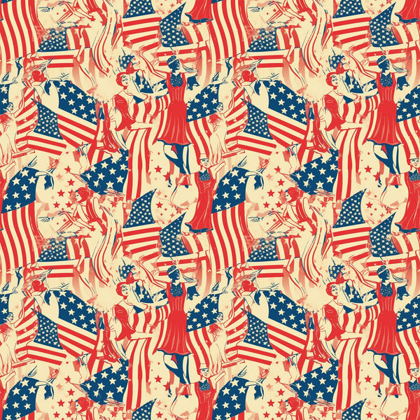 red, white, blue, cream, beige, americana, patriotic, american flags, stars and stripes, vintage style, retro illustrations, people figures, dancing figures, celebratory scenes, repeating pattern,, fabric panel, fourth of july, independence day, nostalgic artwork
