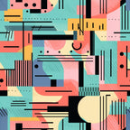coral pink, turquoise, yellow, black, geometric shapes, abstract pattern, retro style, mod design, groovy aesthetic, boho style, hippie vibe,, fabric panel, contemporary art, color blocking, striped elements, dotted accents, curved lines, angular shapes, vibrant colors