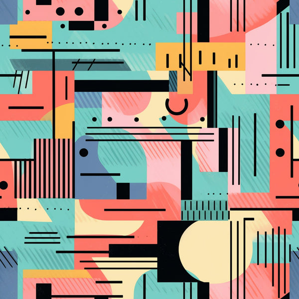 coral pink, turquoise, yellow, black, geometric shapes, abstract pattern, retro style, mod design, groovy aesthetic, boho style, hippie vibe,, fabric panel, contemporary art, color blocking, striped elements, dotted accents, curved lines, angular shapes, vibrant colors