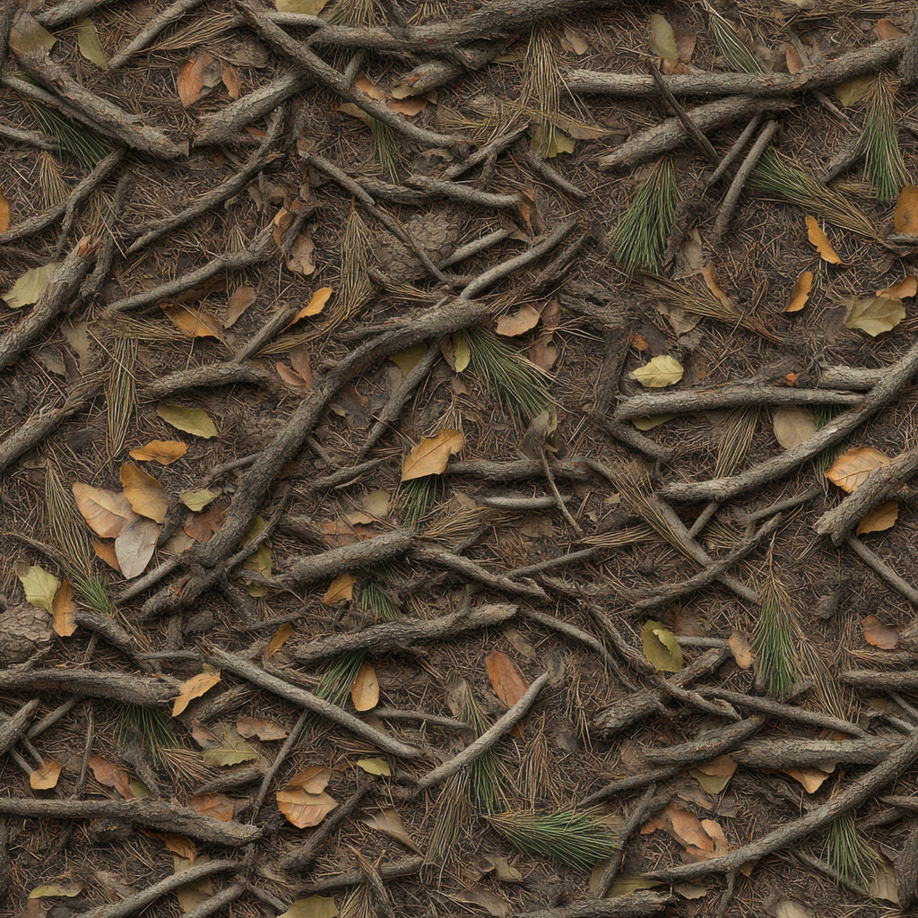 brown, tan, beige, olive green, camouflage pattern, hunting camo, forest floor, fallen branches, pine needles, autumn leaves, twigs, natural debris, woodland camouflage, realistic texture, outdoor theme,, fabric panel, earth tones, hunting theme, nature pattern