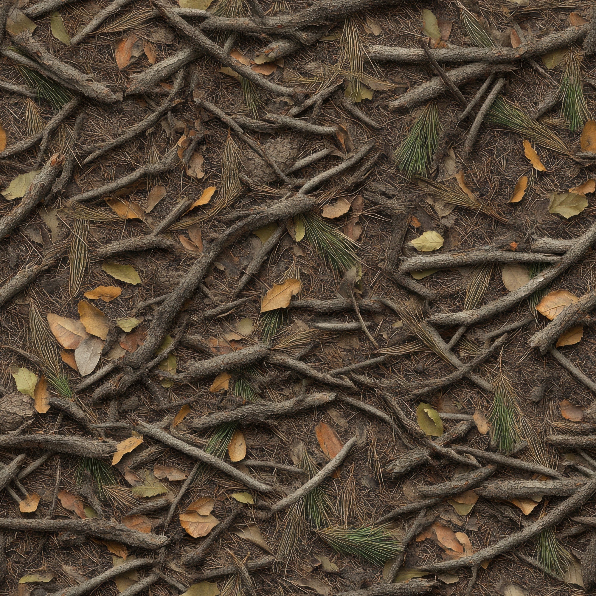 brown, tan, beige, olive green, camouflage pattern, hunting camo, forest floor, fallen branches, pine needles, autumn leaves, twigs, natural debris, woodland camouflage, realistic texture, outdoor theme,, fabric panel, earth tones, hunting theme, nature pattern