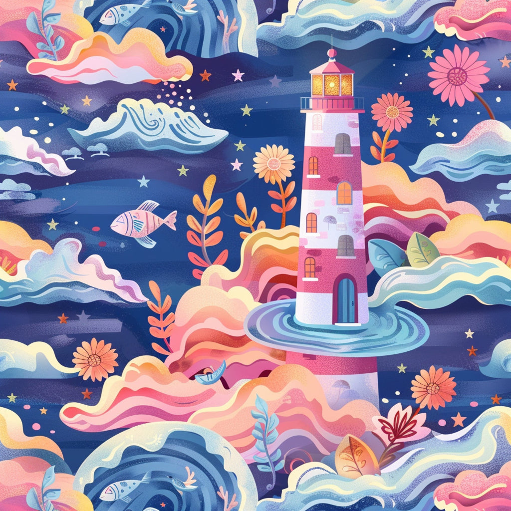 lighthouse, ocean waves, fish, flowers, stars, navy blue, coral pink, yellow, pastel colors, whimsical illustration, maritime scene, sea life, floral elements,, fabric panel, dreamy artwork, springtime theme, coastal design, layered waves, botanical motifs