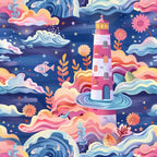 lighthouse, ocean waves, fish, flowers, stars, navy blue, coral pink, yellow, pastel colors, whimsical illustration, maritime scene, sea life, floral elements,, fabric panel, dreamy artwork, springtime theme, coastal design, layered waves, botanical motifs
