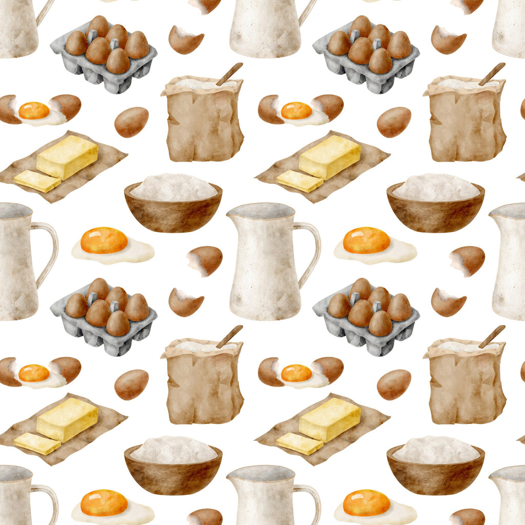 watercolor baking, kitchen ingredients, brown eggs, butter sticks, flour bowls, milk pitchers, fried eggs, egg cartons, baking supplies, cream colors, beige tones, brown hues, orange accents, cooking pattern, culinary design,, fabric panel, food illustration, kitchen theme, baking motifs