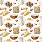 watercolor baking, kitchen ingredients, brown eggs, butter sticks, flour bowls, milk pitchers, fried eggs, egg cartons, baking supplies, cream colors, beige tones, brown hues, orange accents, cooking pattern, culinary design,, fabric panel, food illustration, kitchen theme, baking motifs